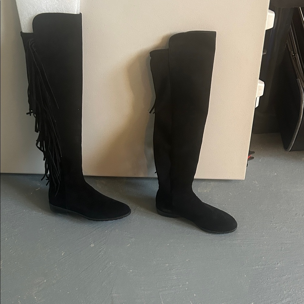 Stuart Weitzman Black Over the Knee Fringe Boots